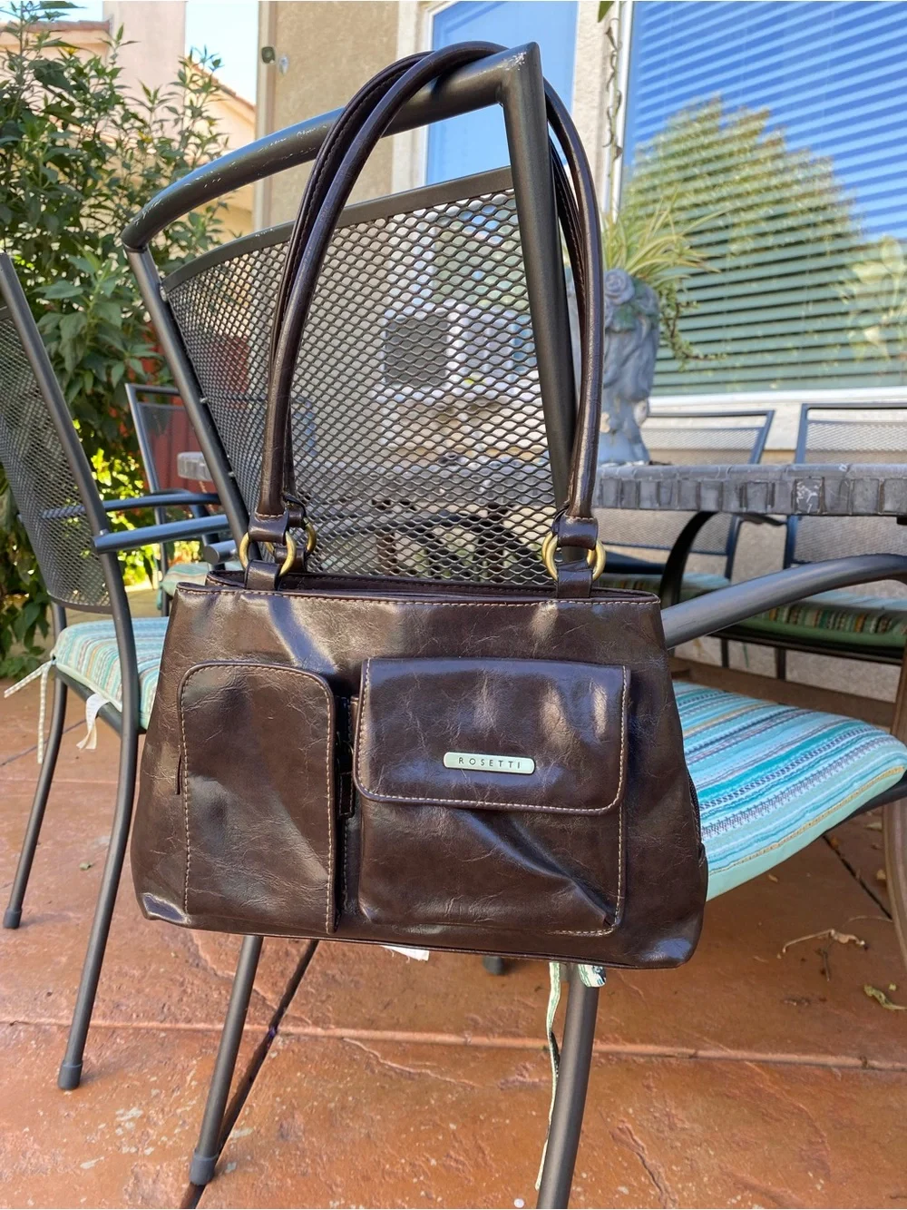 Rosetti Dark Brown Leather Shoulder Bag with Front Flap Pockets